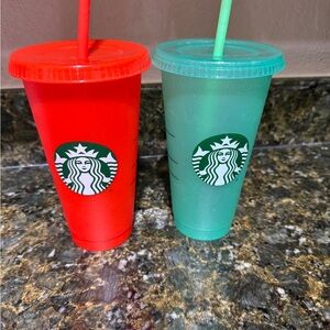 TWO Starbucks Vibrant Red & Teal Reusable Cold (24 fl oz) Cups w/glitter accents